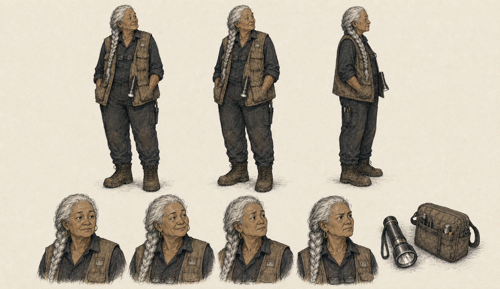 June Ortiz character model sheet with full-body turnaround views, expressions, and canonical prop.