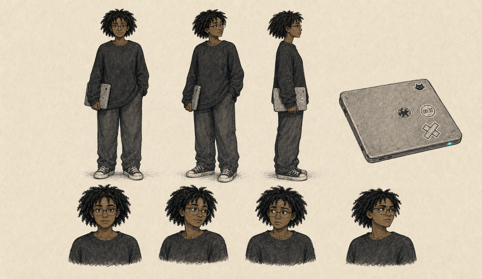 Mina Vale character model sheet with full-body turnaround views, expressions, and canonical prop.