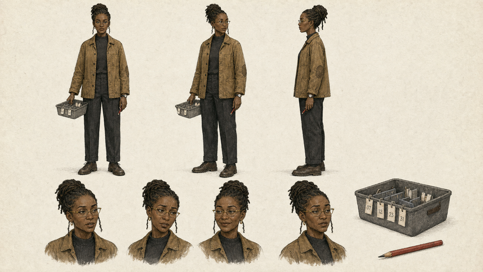 Ms. Ada Okafor character model sheet with full-body turnaround views, expressions, and canonical prop.