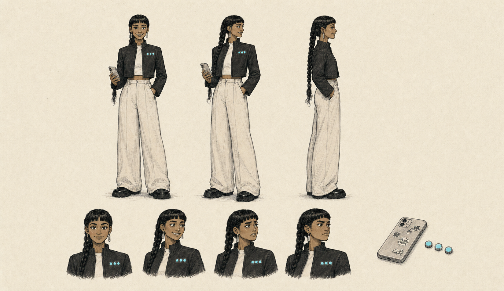 Rhea Gold character model sheet with full-body turnaround views, expressions, and canonical prop.