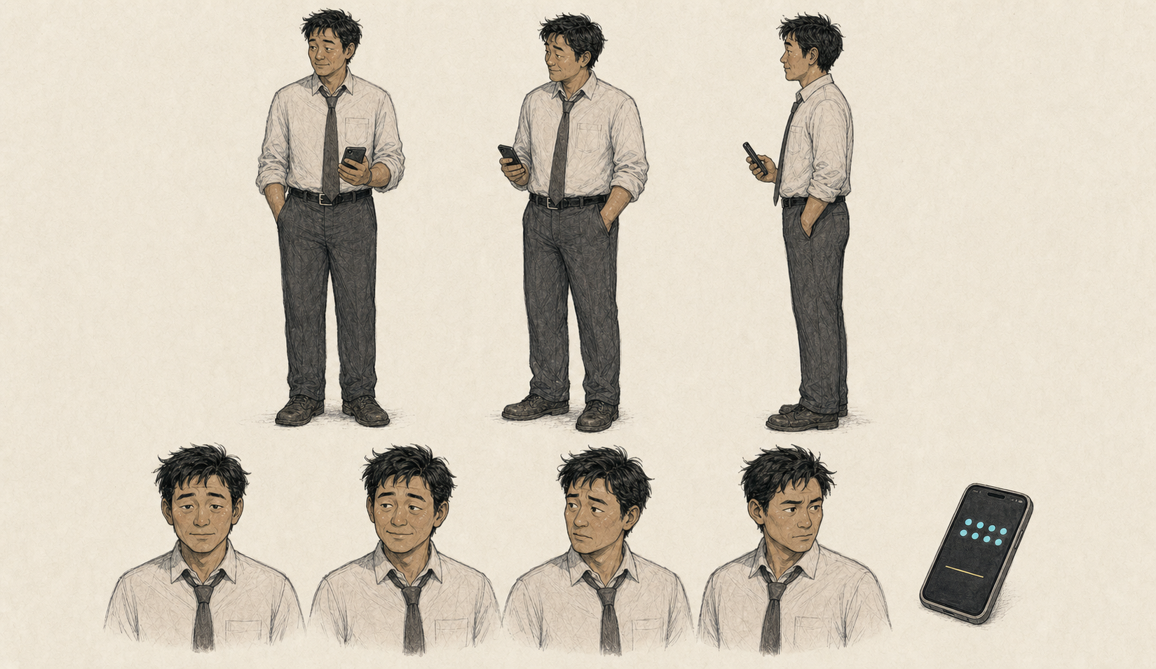 Sam Chen character model sheet with full-body turnaround views, expressions, and canonical prop.